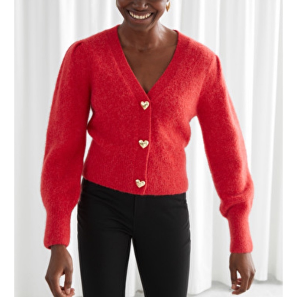 NEW & Other Stories Heart Button Alpaca Blend Puff Sleeve Cardigan
